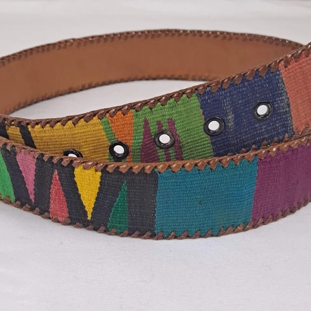 Colorful Cotton and Leather Belt Size Large Colorblock Made in Guatemala